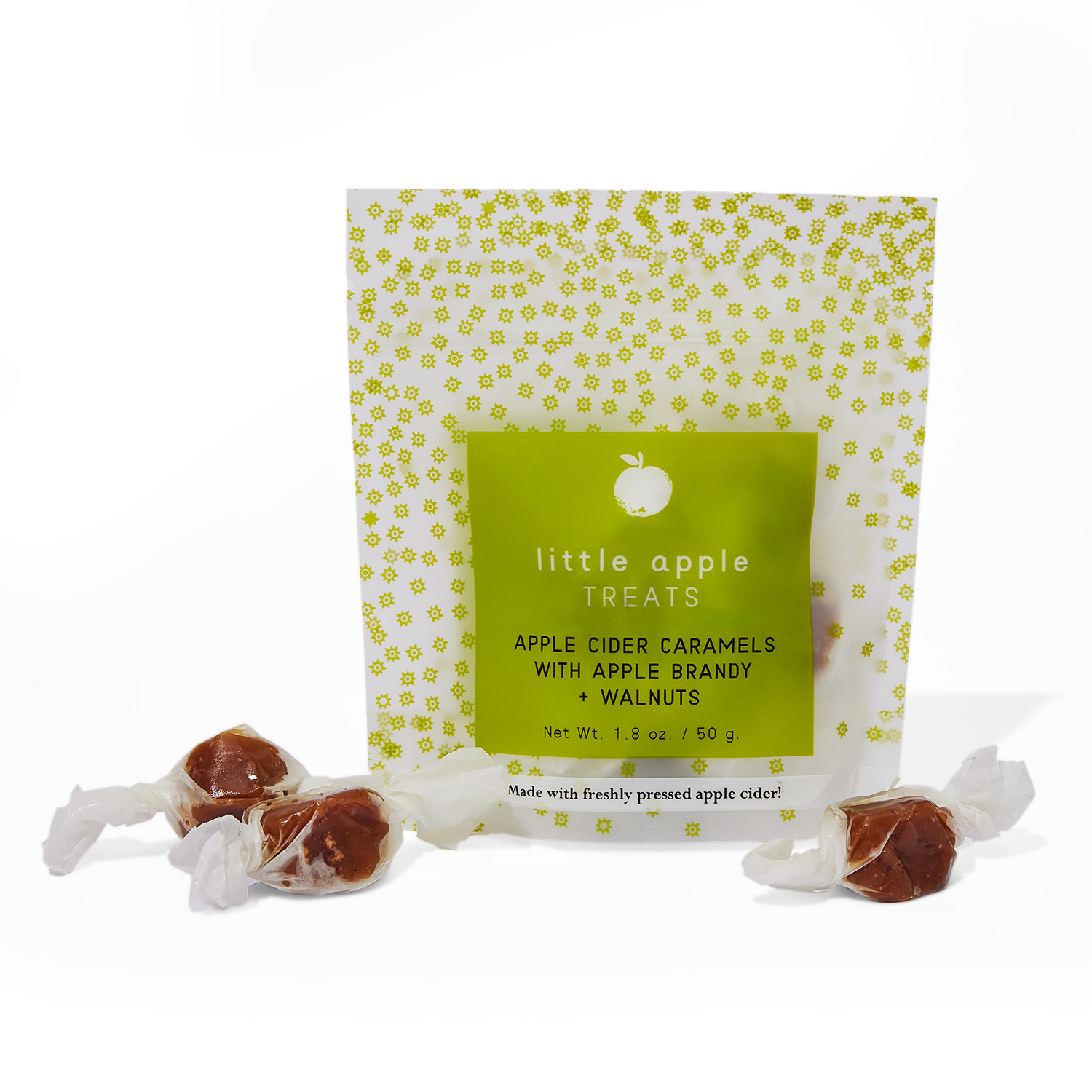 Little Apple Treats, Apple Brandy + Walnut Apple Cider Caramels