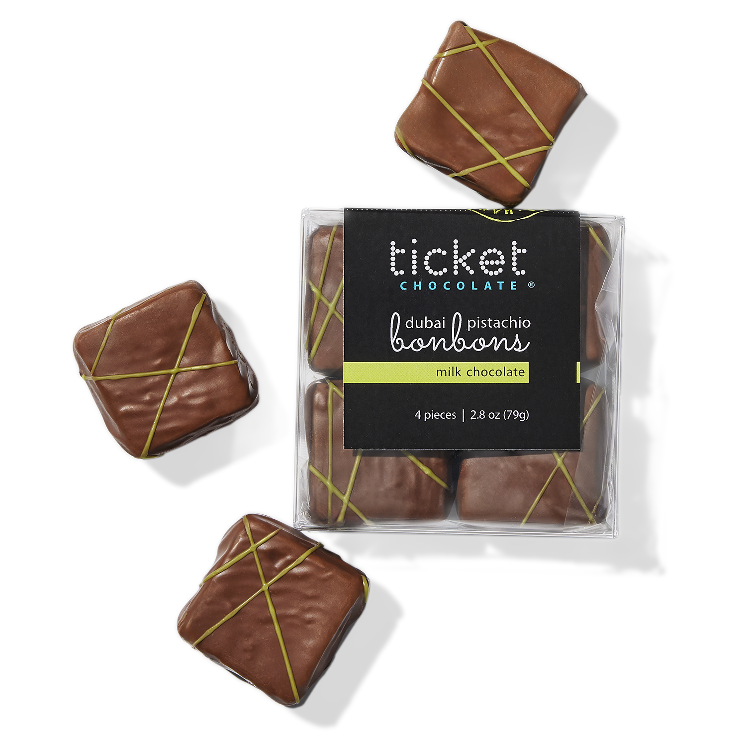 Ticket Chocolate, Dubai Pistachio Milk Chocolate Bonbons