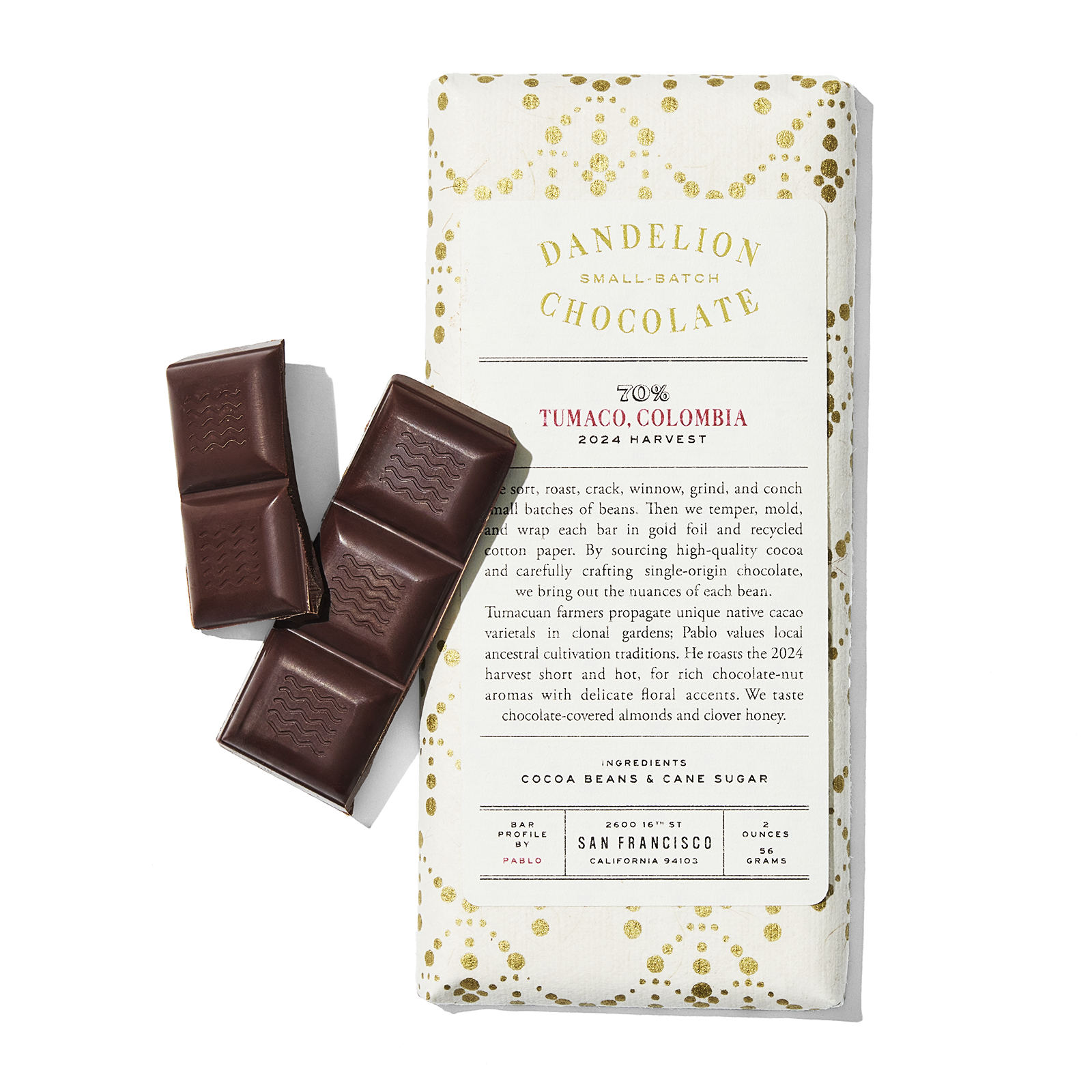 Dandelion Chocolate, Tumaco Colombia 70% Dark Chocolate Bar