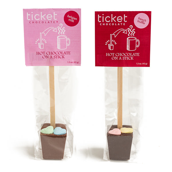 Ticket Chocolate, Duo of Hot Chocolate on a Stick with Candy Hearts