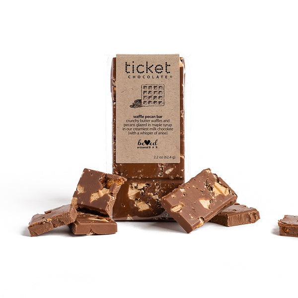 Ticket Chocolate, Waffle Pecan Milk Chocolate Bar